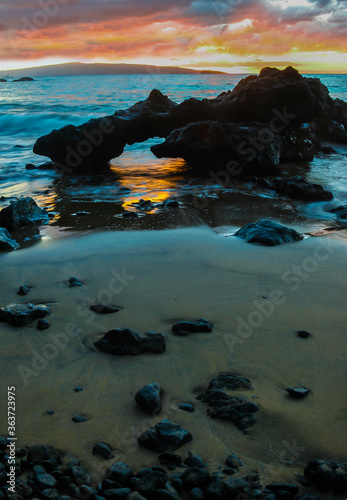 Sunset at Po’olenalena Beach  and Lava Rock Arch, Maui,Hawaii, USA