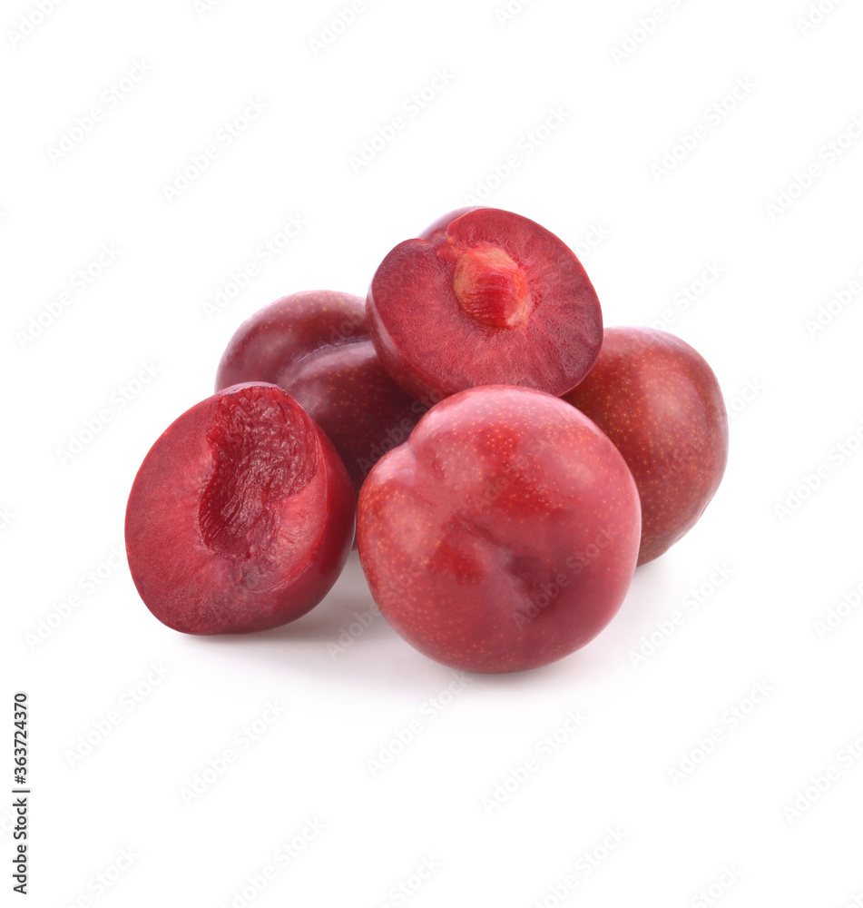Plums plum prunes prune slice leaves fruits fruit isolated on a white background