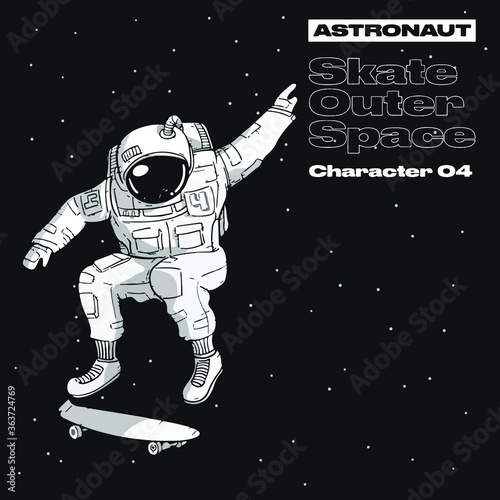 An illustration of series Skate outer space, about astronaut diving on penny board