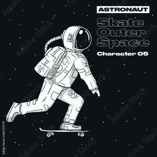 An illustration of series Skate outer space, about astronaut diving on penny board
