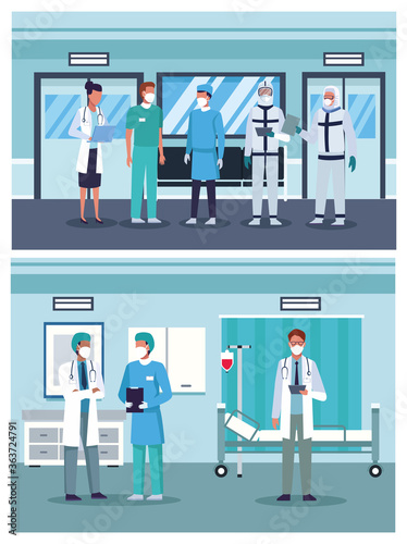 group of doctors staff wearing medical mask in the hospital places
