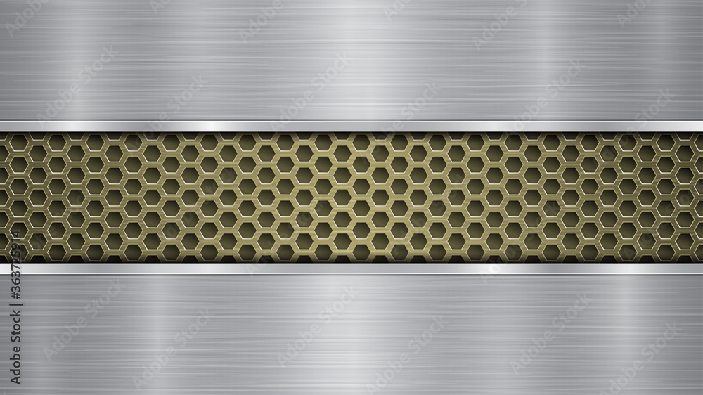 Background of golden perforated metallic surface with holes and two silver horizontal polished plates with a metal texture, glares and shiny edges Background of golden perforated metallic surface with holes and two silver horizontal polished plates with a metal texture, glares and shiny edges