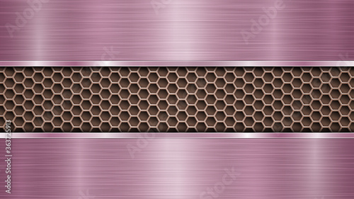Background of bronze perforated metallic surface with holes and two horizontal purple polished plates with a metal texture, glares and shiny edges