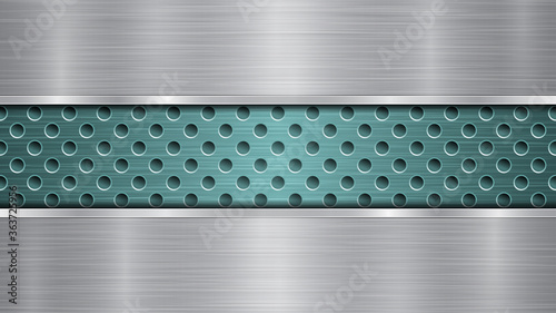 Background of light blue perforated metallic surface with holes and two horizontal silver polished plates with a metal texture, glares and shiny edges