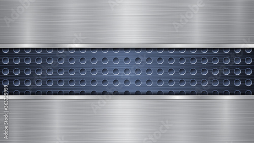 Background of blue perforated metallic surface with holes and two horizontal silver polished plates with a metal texture, glares and shiny edges