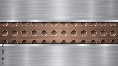 Background of bronze perforated metallic surface with holes and two horizontal silver polished plates with a metal texture, glares and shiny edges