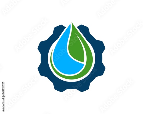 Nature water drop and green leaf with gear inside