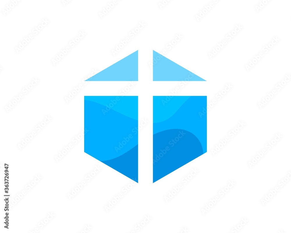 Blue hexagonal shape with cross inside