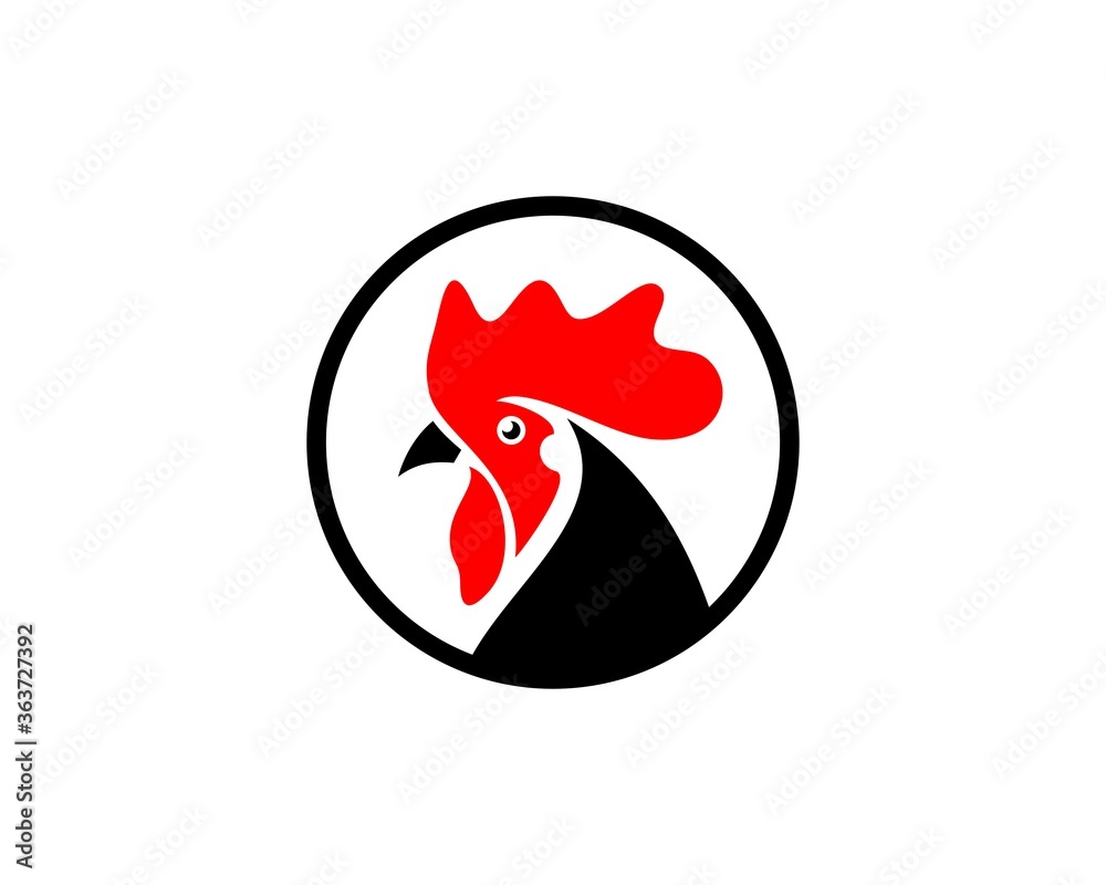 Black circle shape with red chicken head Black circle shape with red chicken head