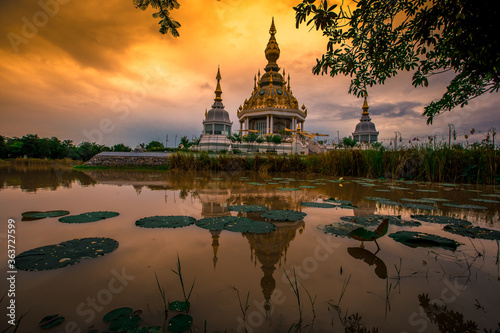 The background of an important tourist attraction in Khon Kaen Province (Wat Thung Setthi) is a large pagoda in the middle of a swamp, tourists always come to see the beauty in Thailand. © bangprik