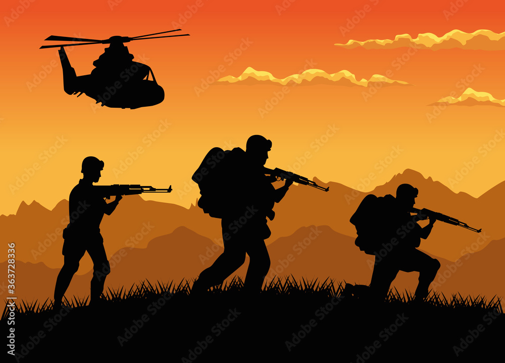 military soldiers with guns and helicopter silhouettes sunset scene