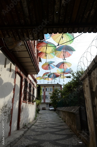 Colorful umbrellas on the street of the Eyupsultan district of Istanbul