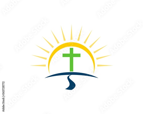 Green cross and road with shinning sun