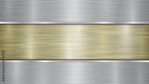 Background consisting of a golden shiny metallic surface and two horizontal polished silver plates located above and below, with a metal texture, glares and burnished edges