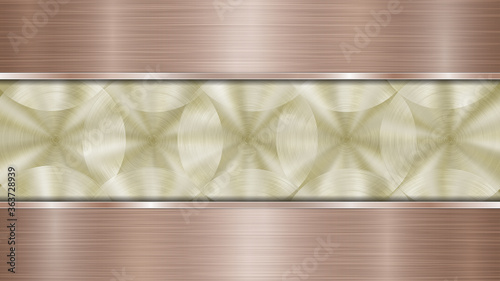 Background consisting of a golden shiny metallic surface and two horizontal polished bronze plates located above and below, with a metal texture, glares and burnished edges