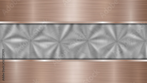 Background consisting of a silver shiny metallic surface and two horizontal polished bronze plates located above and below, with a metal texture, glares and burnished edges