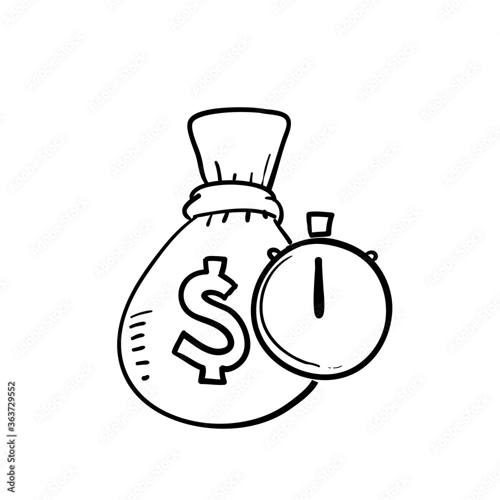 hand drawn money bag and timer symbol for Quick and easy loan, fast money providence, business and finance services, timely payment, financial solution,doodle hand drawn money bag and timer symbol for Quick and easy loan, fast money providence, business and finance services, timely payment, financial solution,doodle