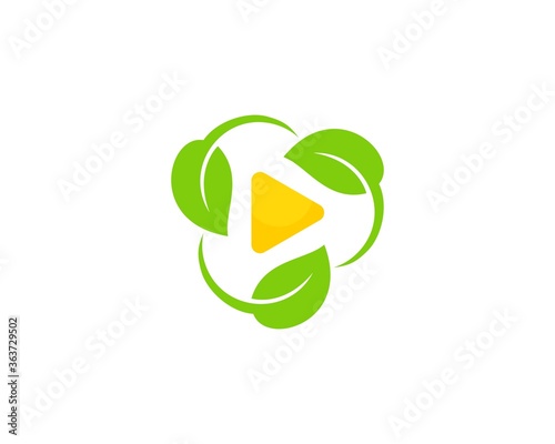 Media play button with green leaves