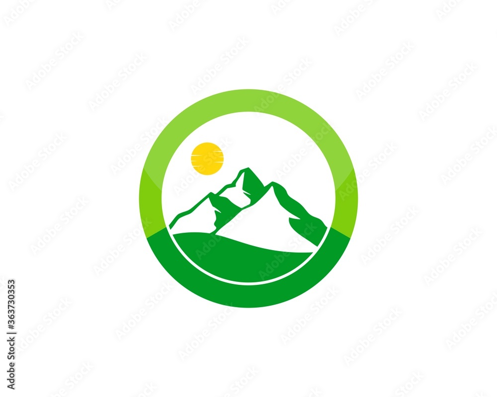 Green circle shape with mountain and sun Green circle shape with mountain and sun