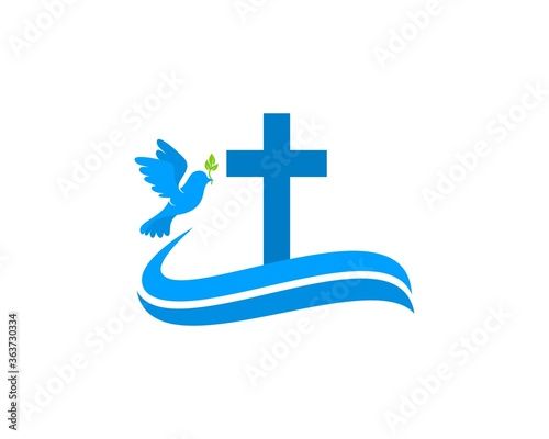Blue cross with wave and pigeon
