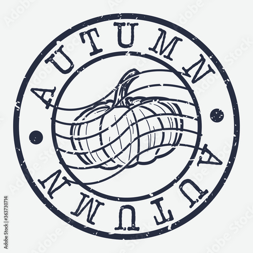 Autumn Stamp Postal. Pumpkin Silhouette Seal. Passport Round Design. Vector Icon. Design Retro Travel.