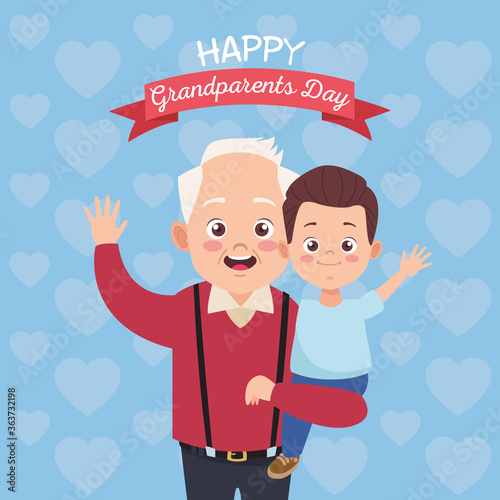 happy old grandfather with little grandson and lettering