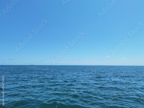 Blue sky and water, clear water and blue sky, water and sky daytime. © Sarowar