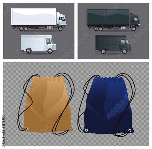 Drawstring packs mockup products and transport vehicles