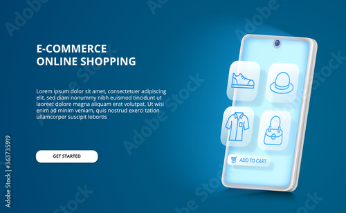 3D smartphone glow app online shopping e-commerce concept with blue outline fashion icon for buy and sell