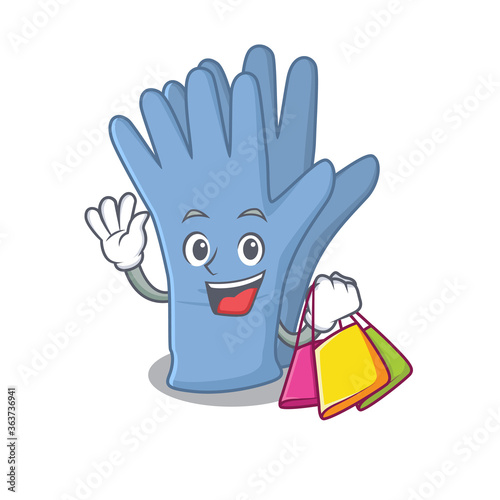 wealthy medical gloves cartoon character with shopping bags