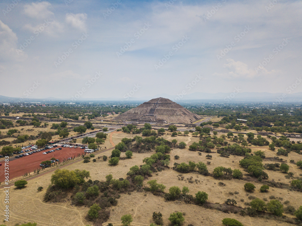 Aerial photography of the Pyramid of the Sun in the Teotihuacan desert in Mexico