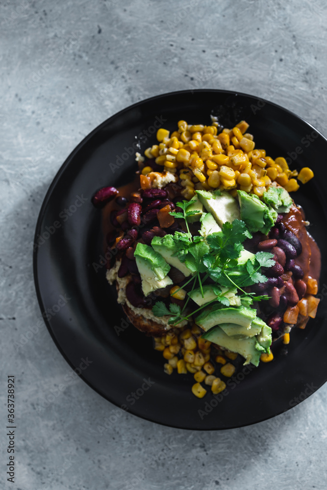 plant-based food, vegan mexican-inspired beans corn and avocado toast