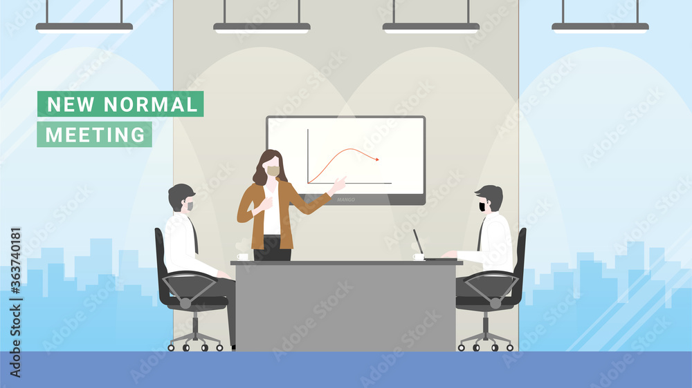 Fototapeta premium Business people wearing masks. Presentation in the meeting room for problem-solving from business crisis economics down.