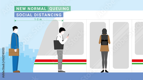 New normal lifestyle. Social distancing in public transportation. businesspeople standing in queue line.