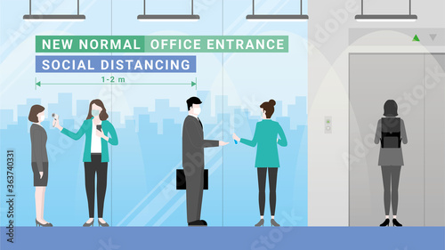 New normal lifestyle. Social distancing in the office lift hall. Business people standing in a queue line for thermal check and hand sanitizer.