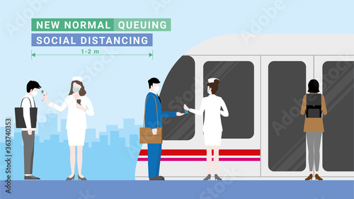 New normal lifestyle. Business people standing in the queue lines for thermal checkpoint and hand sanitizing before going to work by public transportation.