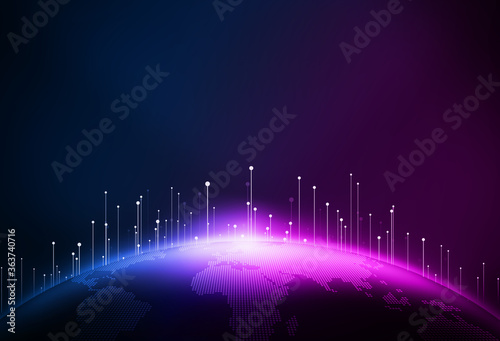 The dotted line launch line surrounds the digital earth, implying the background of globalization and international Internet technology. photo