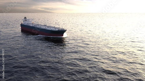 Large oil tanker (ship) with sailing in the ocean - aerial top view 3d animation