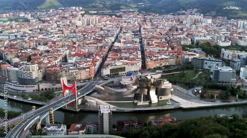 Aerial view of Bilbao city with buildings and Guggenheim museum. Basque country.Spain. Drone Footage photo
