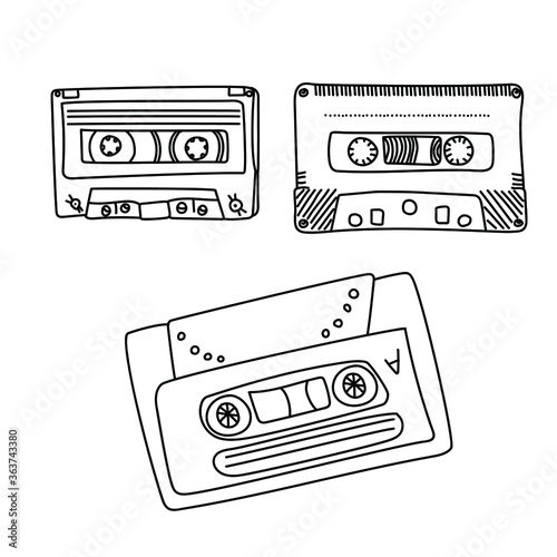 Set of cassette tape outline, elements for cassette recorder, hand draw illusration for design and creativity