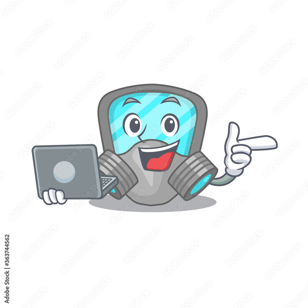 Smart cartoon character of respirator mask studying at home with a laptop
