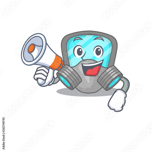 Mascot design of respirator mask announcing new products on a megaphone © kongvector