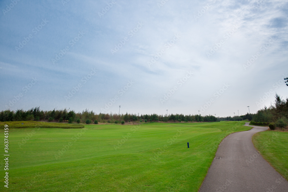Naklejka premium Curvy pathway between meadows in golf course