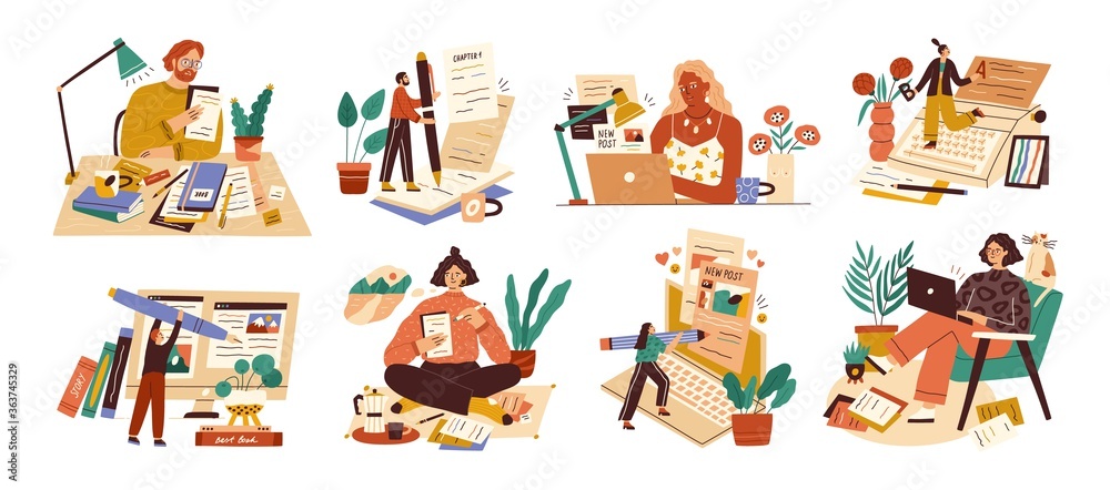 Set of professional journalist, copywriter, content manager, blogger with laptop, pencil, book. Concept of computer work, text typing, posting. Cartoon flat vector illustration on white background