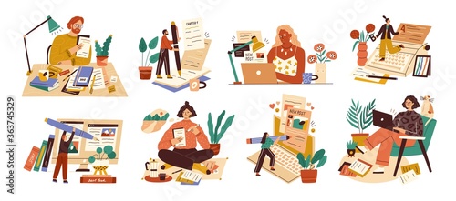 Set of professional journalist, copywriter, content manager, blogger with laptop, pencil, book. Concept of computer work, text typing, posting. Cartoon flat vector illustration on white background