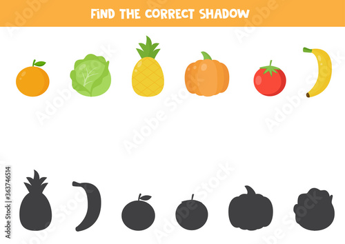 Find the right shadow of cartoon vegetables and fruits.