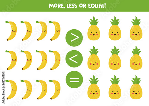 More, less, equal. Comparison of cute kawaii fruits.