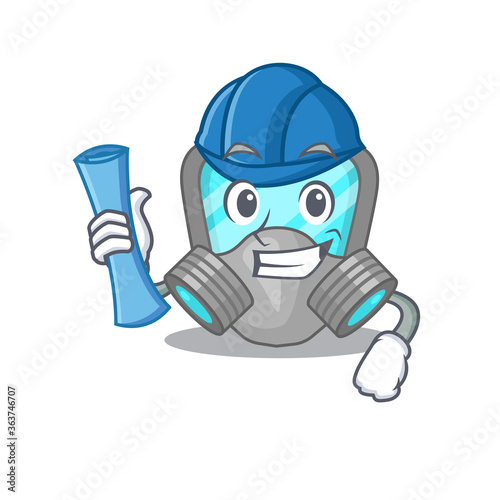 caricature picture of respirator mask Architect with blue prints © kongvector