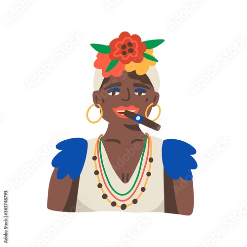 Cuban old woman portrait with make up, blue eye shadow, red lips, golden earings, hat with flower. Ethnic tropical dark skin female smoke cigar in flat vector cartoon illustration on white background