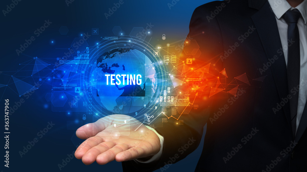 Elegant hand holding TESTING inscription, digital technology concept Elegant hand holding TESTING inscription, digital technology concept
